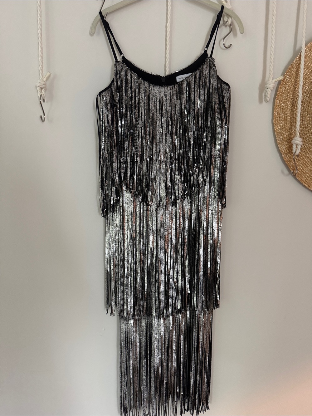Dress The Population Silver & Black Fringe Sequin Slip Dress